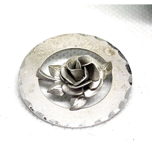 Rare Vintage Sterling Silver Floral Design Pin Flower Circle Brooch Lapel Pin - Picture 2 of 8